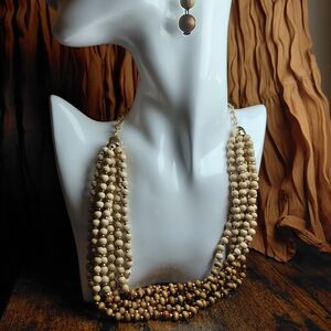Elegant Natural Toned Beaded Necklace and Earring Set